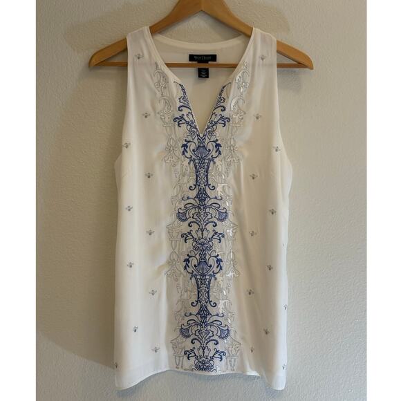 White House Black Market Tops - WHITE HOUSE BLACK MARKET Blouse | Chiffon Embroidered White Blue Silver | MEDIUM